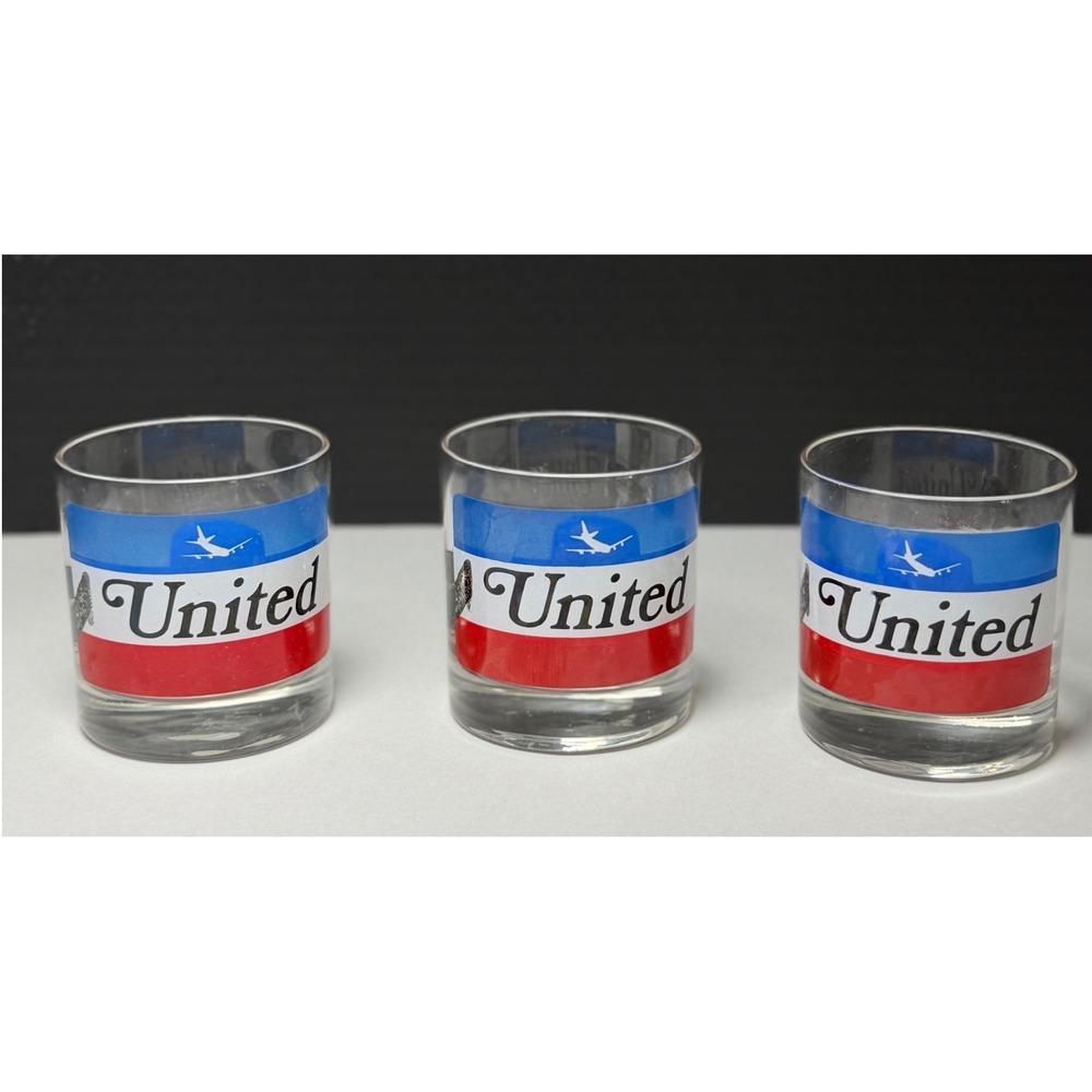 Vintage United Airlines Rocks Glasses Set of 3 Luggage Tag Logo Aviation Barware